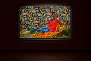 Kehinde Wiley, _The Death of Hyacinth (Ndey Buri Mboup)_ (2022). Oil on canvas. 237.7 x 366.2 cm. Exhibition view: _An Archaeology of Silence_, de Young Museum, San Francisco (18 March–15 October 2023). ©️ 2022 Kehinde Wiley. Courtesy the artist and Templon. Photo: Ugo Carmeni.